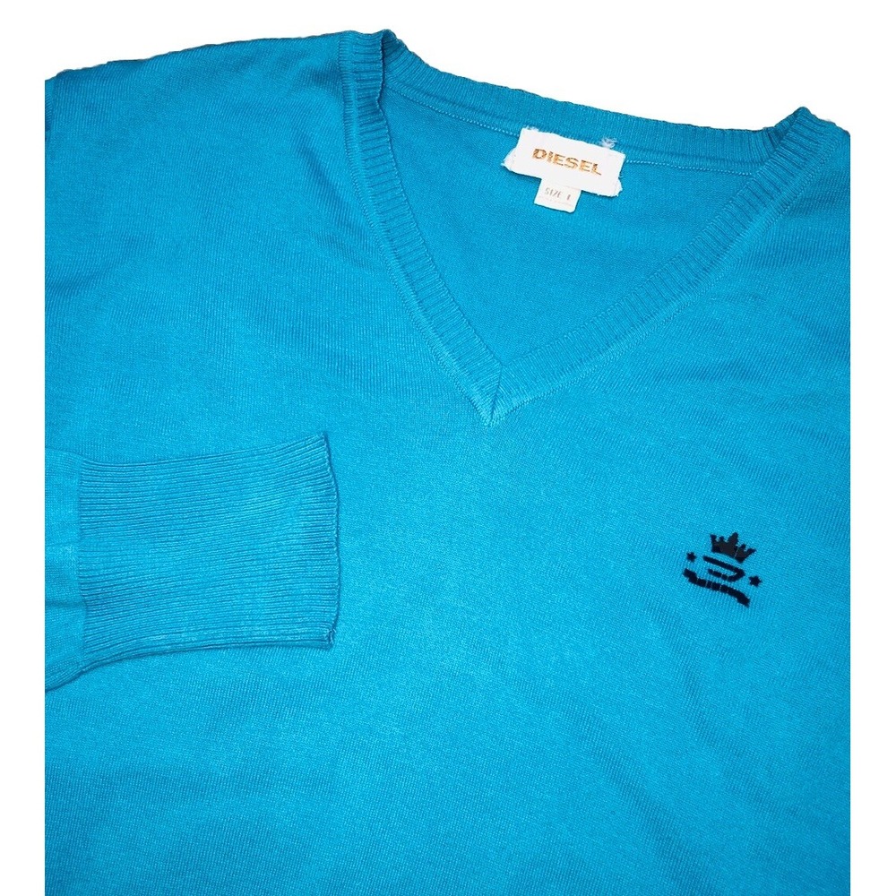 Diesel Sweater Men's L Blue Bentilogo Knitwear Lightweight‎ V Neck Slim Fit